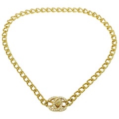 Chanel Gold Charm CC Chain Rhinestone Link Evening Turnlock Choker Necklace