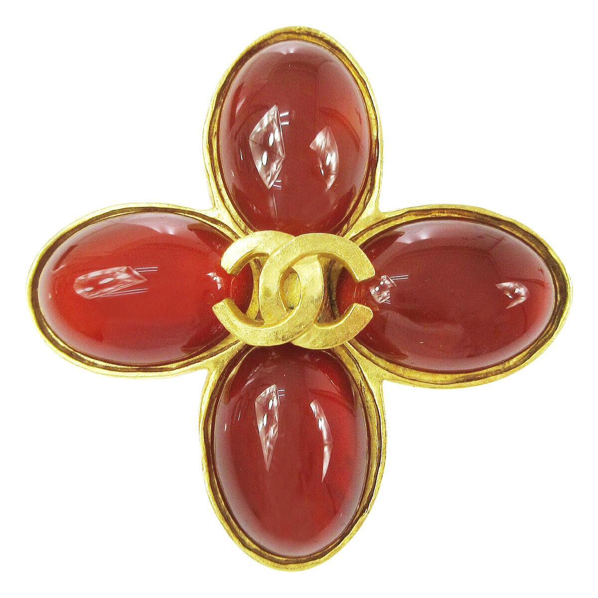 Chanel Gold Charm CC Flower Cross Gripoix Red Glass Evening Pin Brooch