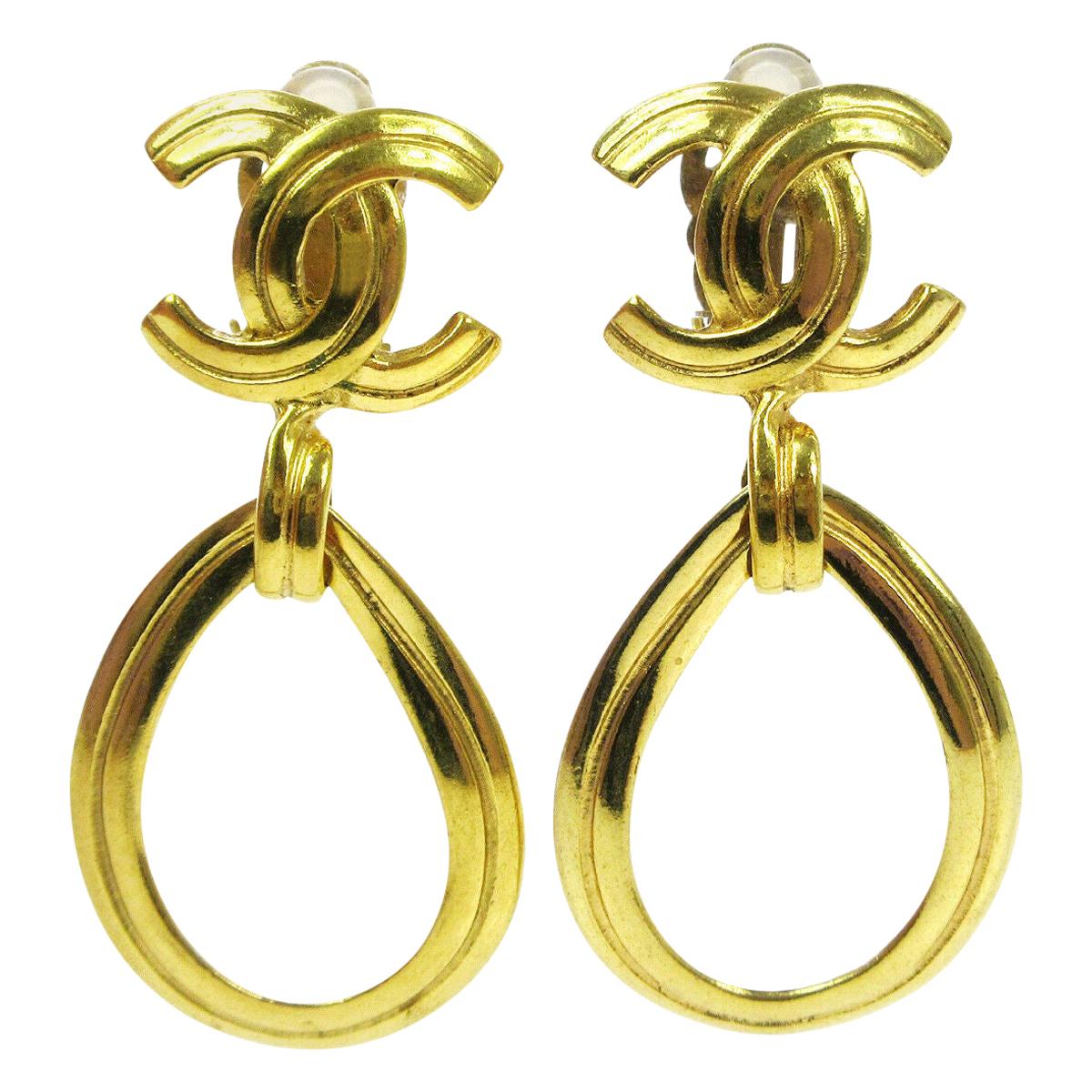 Chanel Gold Charm CC Large Evening Dangle Tear Drop Statement Earrings