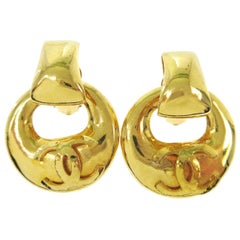 Chanel Gold Charm CC Large Round Doorknocker Dangle Drop Evening Hoop Earrings 