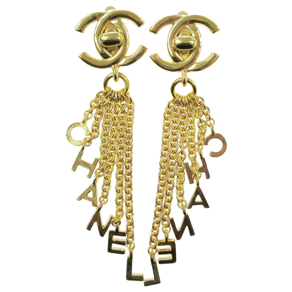 Chanel Gold Charm CC Turn Shingle Chain Evening Statement Earrings