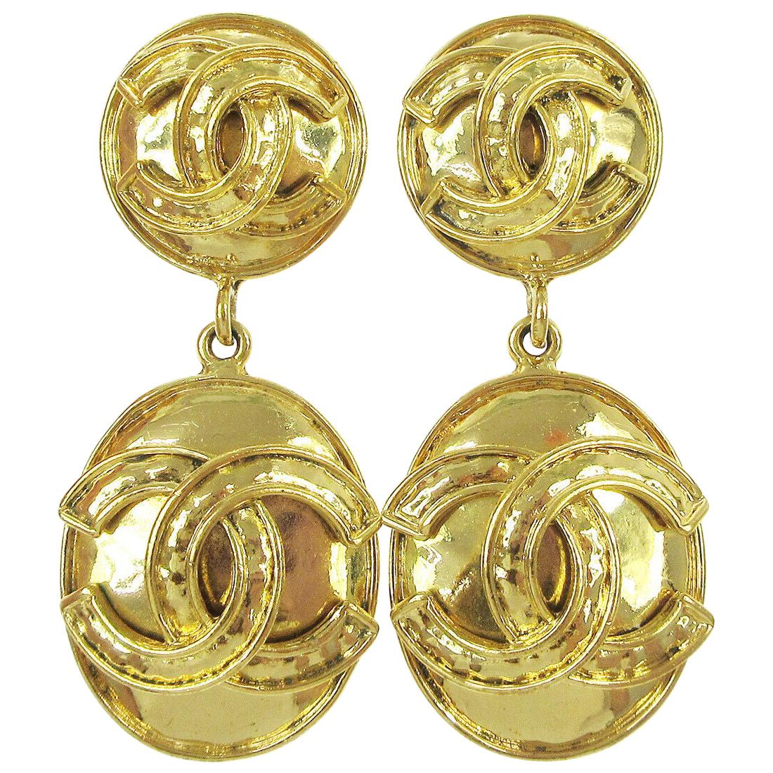 Chanel Gold Charm Ribbon Textured Large Dangle Drop Evening Earrings in Box