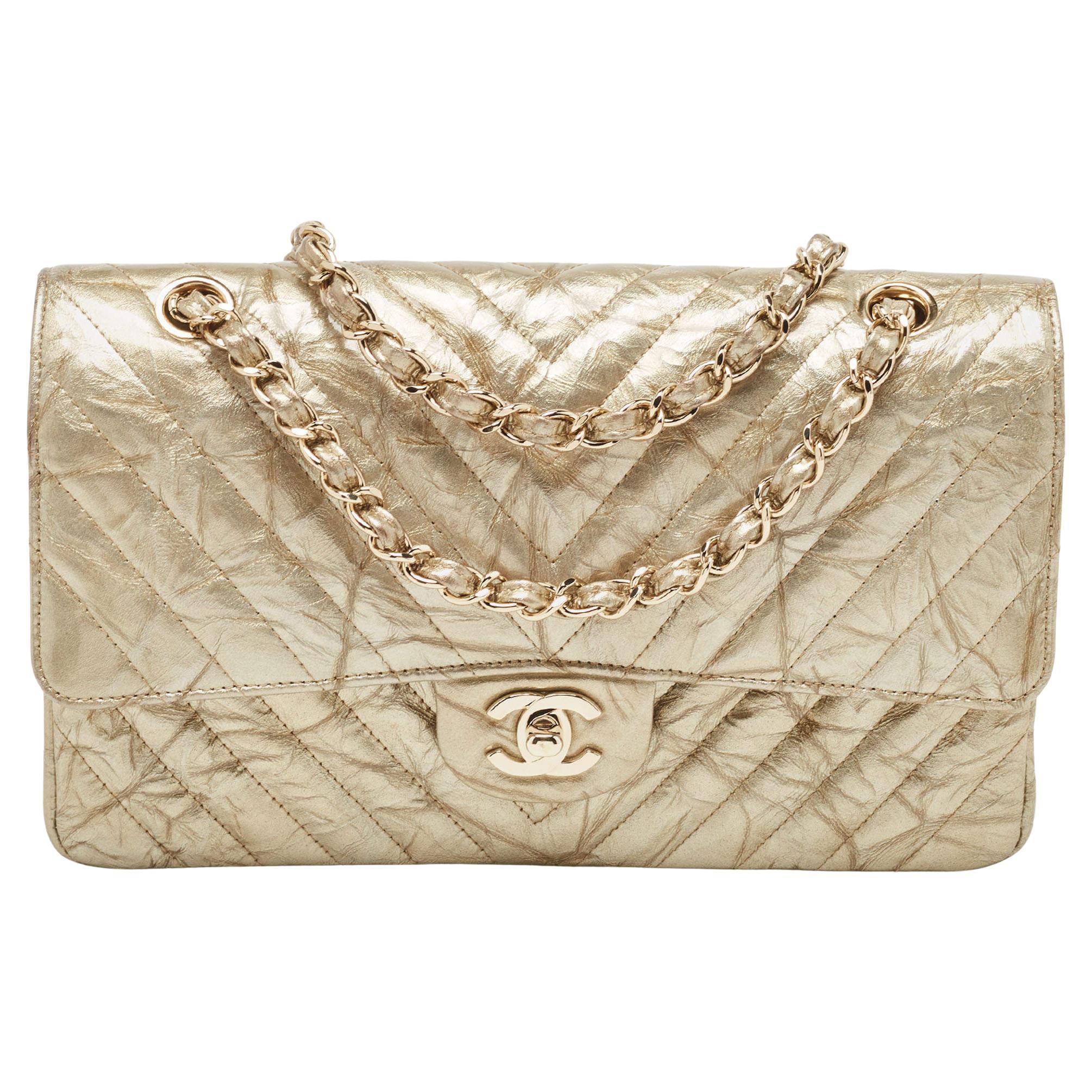 Chanel Gold Chevron Patent Leather Medium Classic Double Flap Bag For Sale