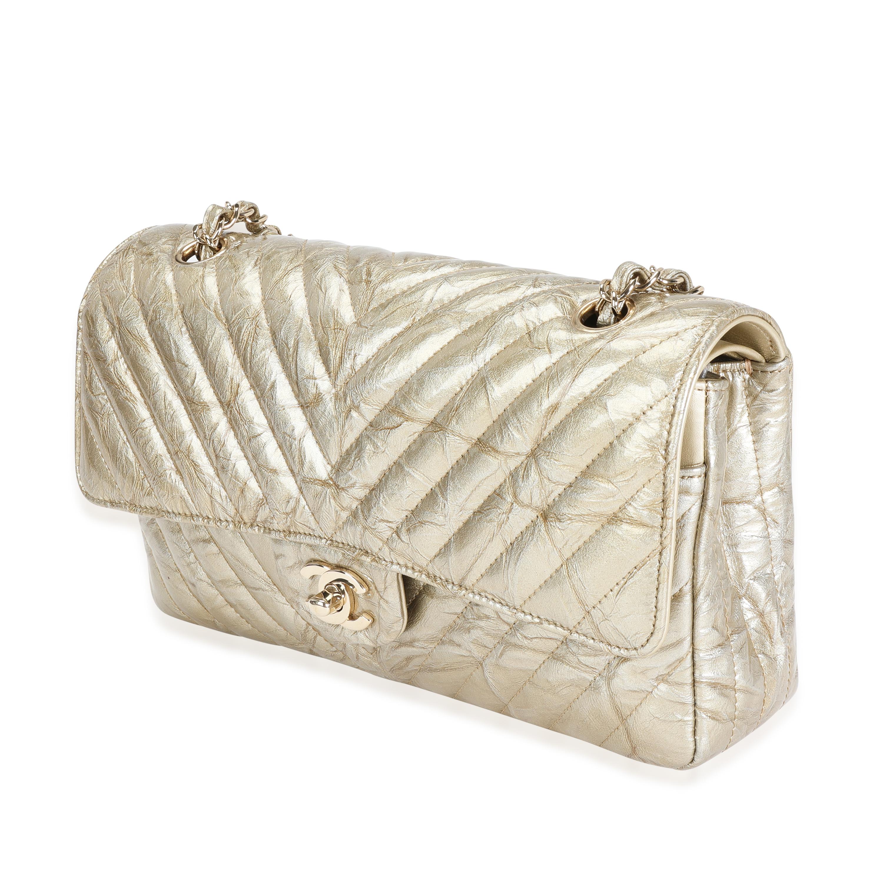 Donna Chanel Oro Chevron Trapuntato Brevetto Borsa Media Classic Doppia Patta