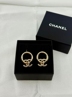 Chanel Gold Circle Crystal CC Dangle Earrings