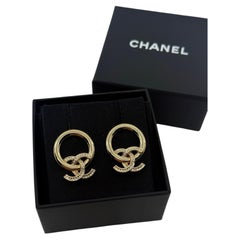 Chanel Gold Circle Crystal CC Dangle Earrings