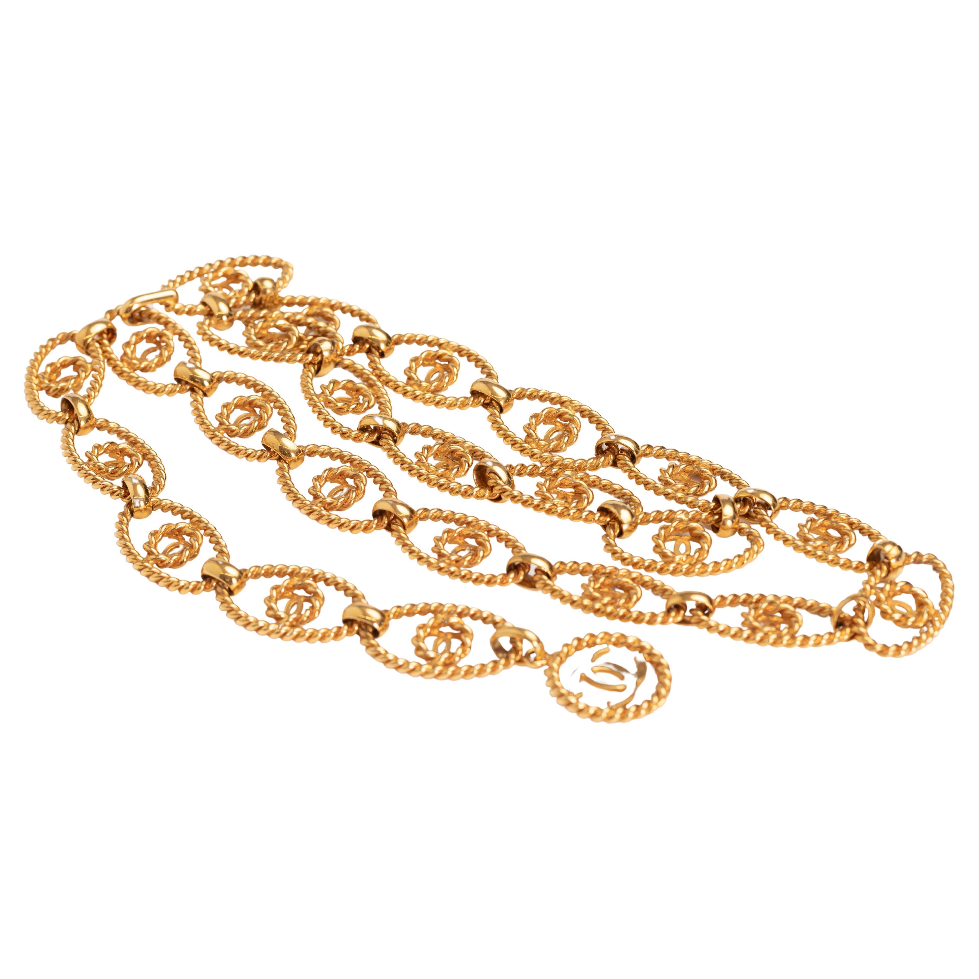 Chanel Gold Coco CC Logo Oval Twist Chain Rope Belt (35 Inch) For Sale