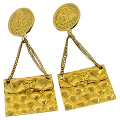 Antique Chanel Gold Coin Classic Flap Clip On Dangle Earrings