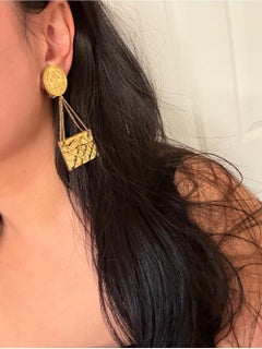 Chanel Gold Coin Classic Flap Clip On Vintage Dangle Earrings
