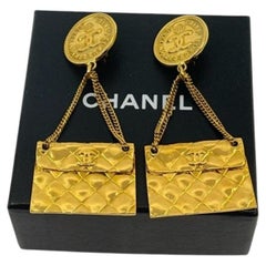 Chanel Gold Coin Classic Flap Clip On Vintage Dangle Earrings