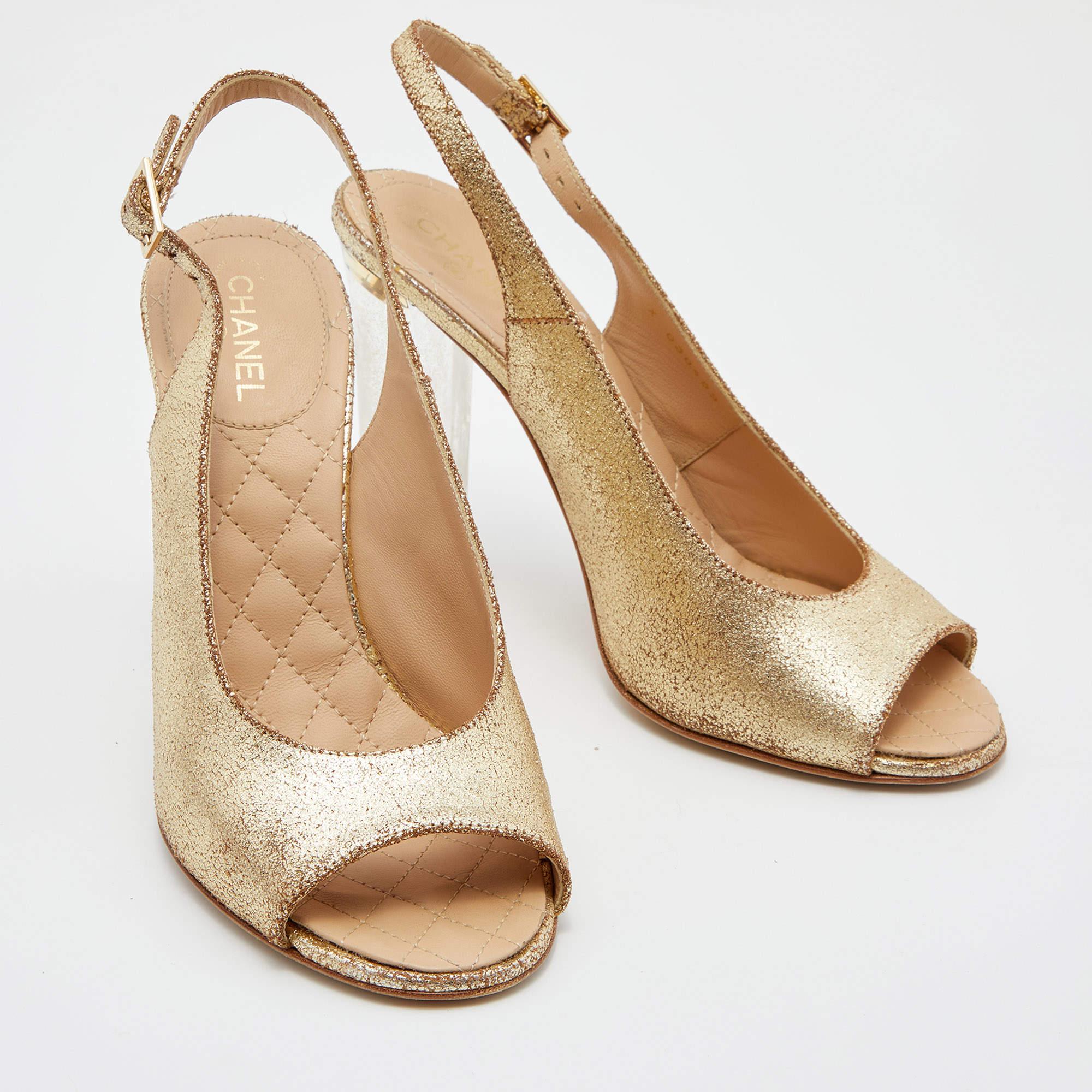 Chanel Gold Crackled Leather CC Open Toe Slingback Pumps Size 38.5 1