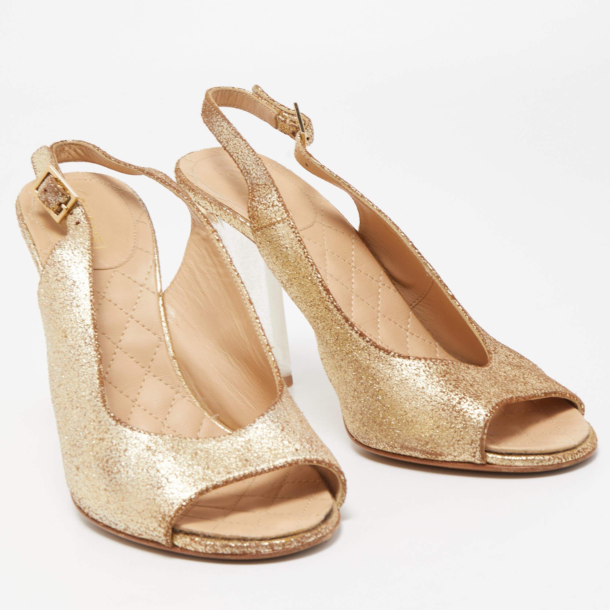 Chanel Gold Crackled Leather Glitter CC Lucite Heel Peep Toe Slingback Size 39 1