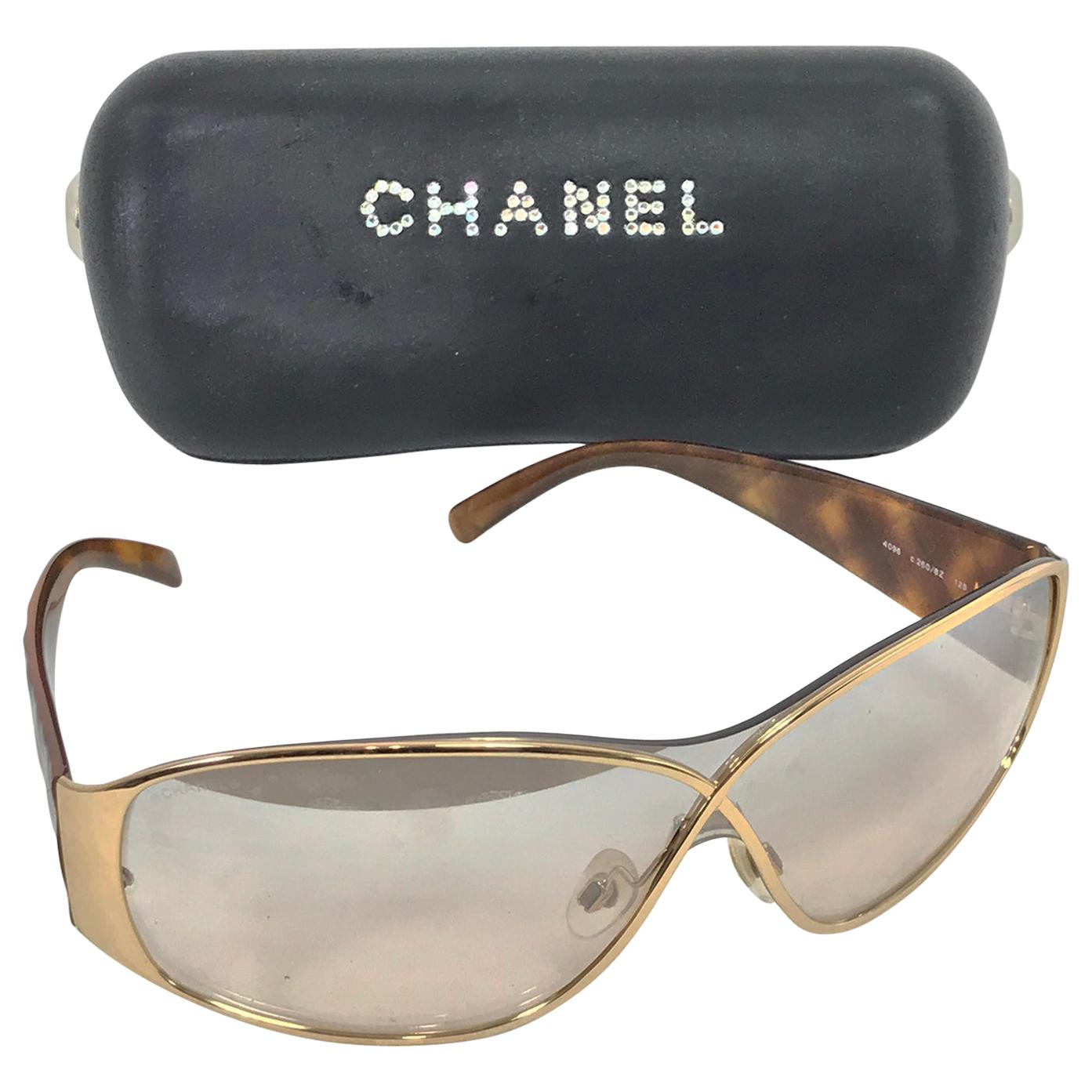 Chanel Gold Crossover and Tortoise Shell Sunglasses with Case at