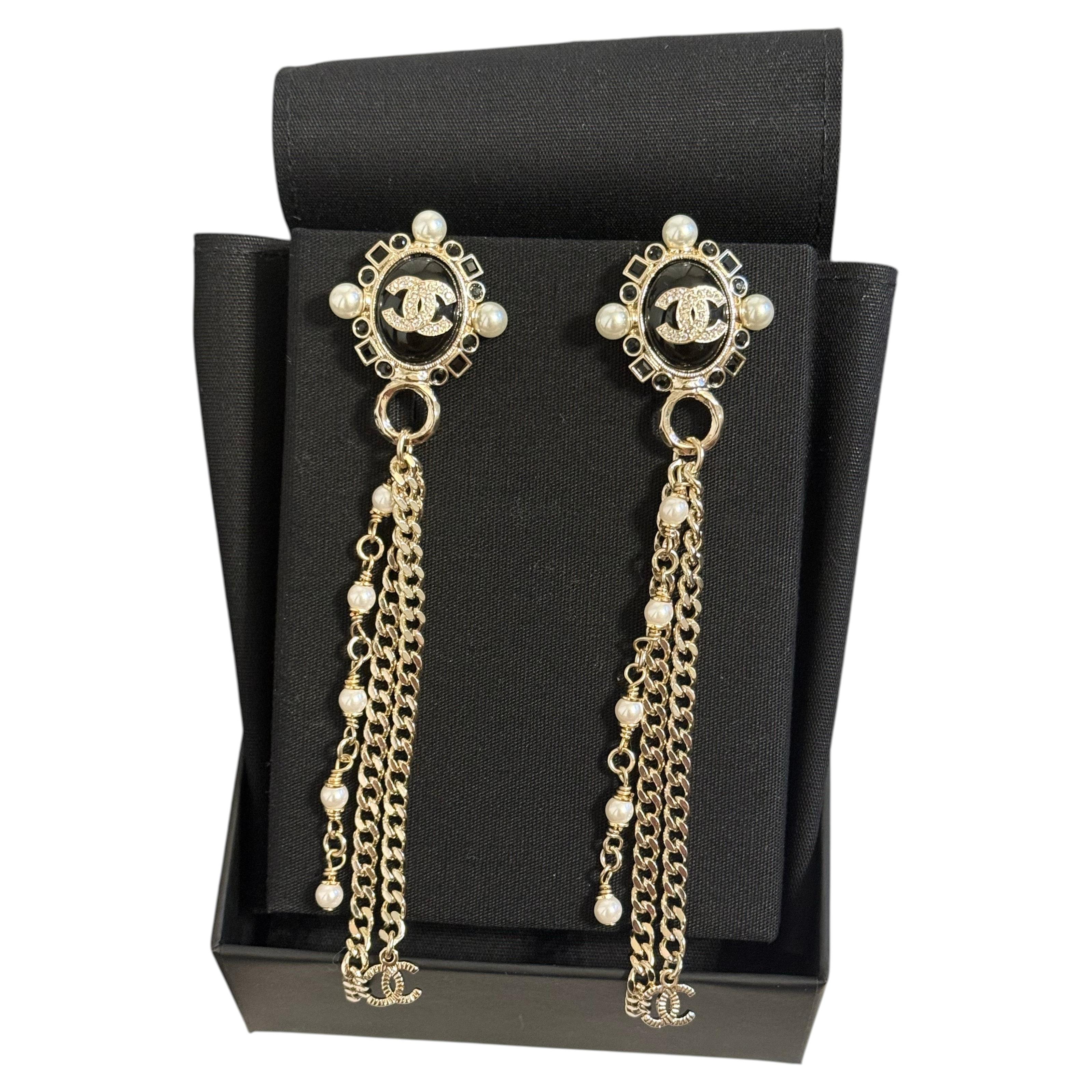 CHANEL Gold Crystal CC and Pearl Chain Dangle Earrings