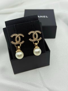 CHANEL Gold Crystal CC and Pearly White Dangle Earrings
