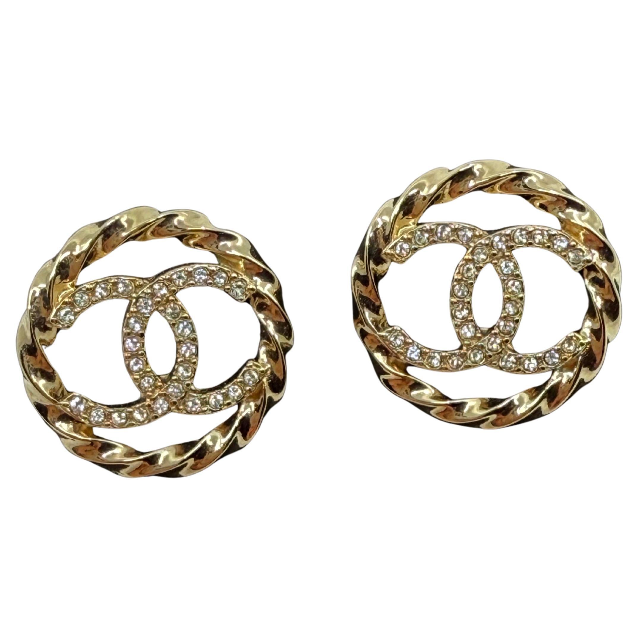 Chanel Gold Crystal CC Circle Stud Earrings