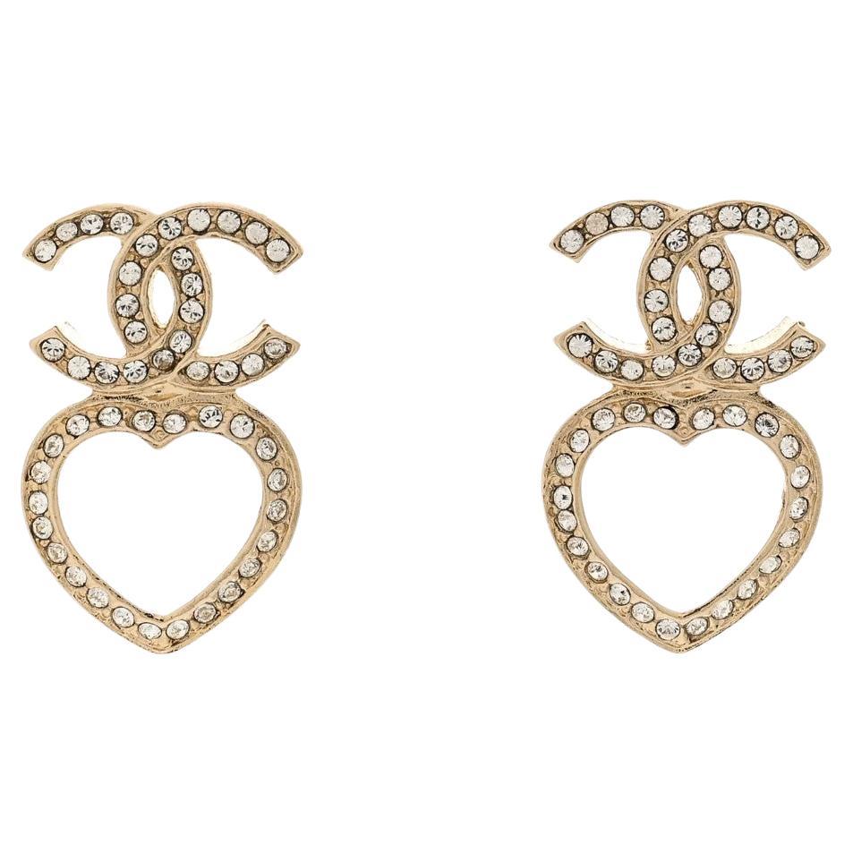 Chanel Gold Crystal CC Heart Dangle Earrings