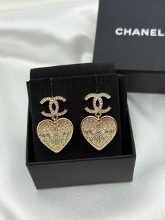 CHANEL Gold Crystal CC Heart Drop Earrings