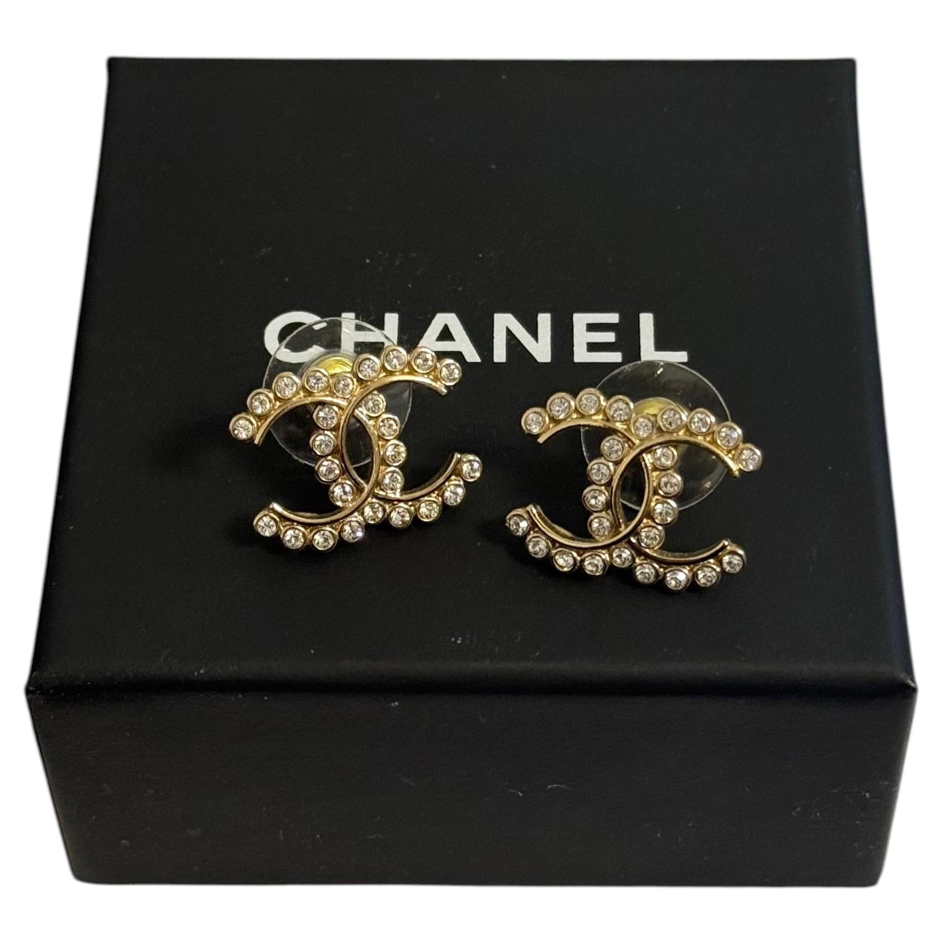 Chanel Gold Crystal CC Logo Stud Earrings