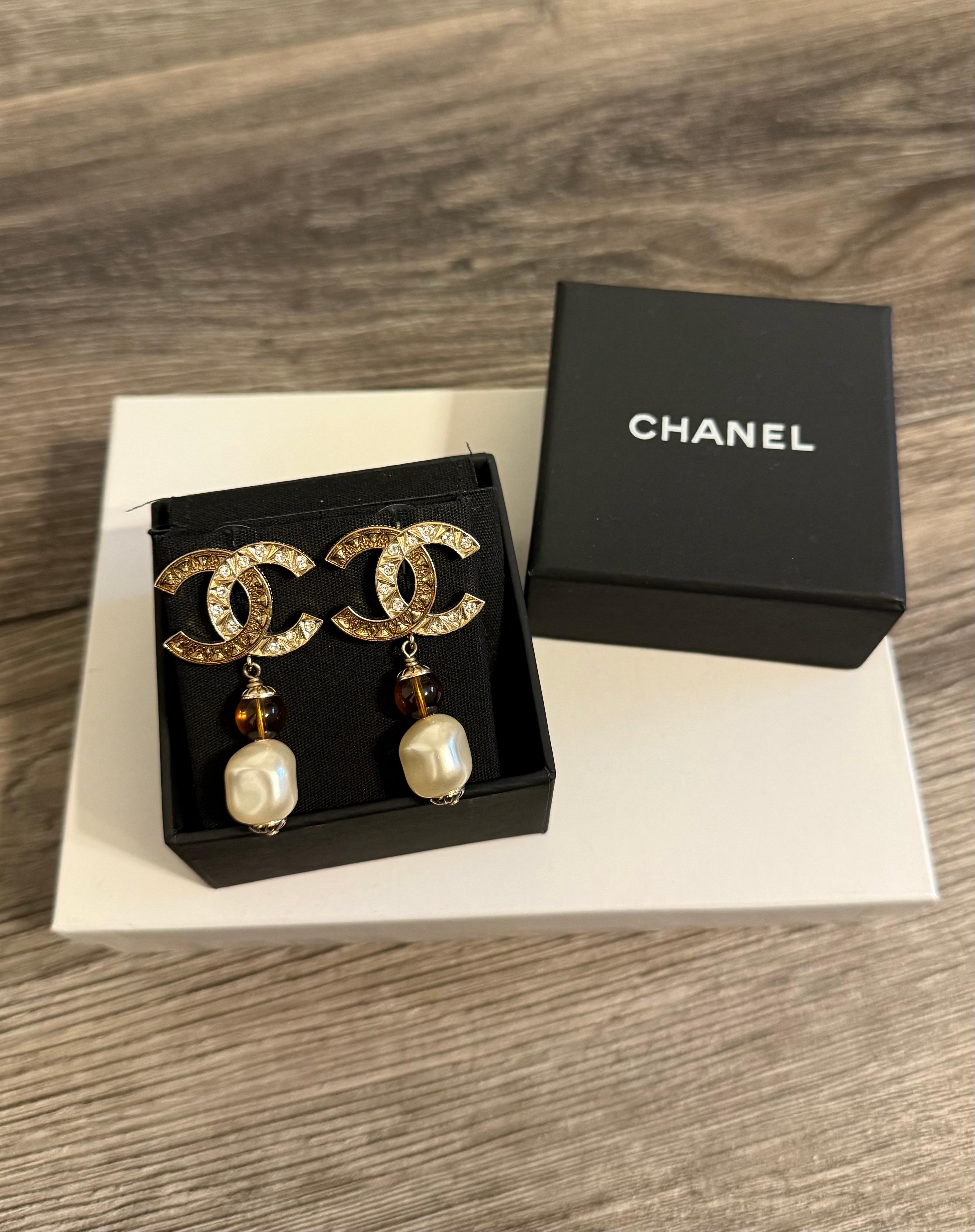 CHANEL Gold Crystal CC Orange Bead and Pearl Dangle Earrings For Sale 6