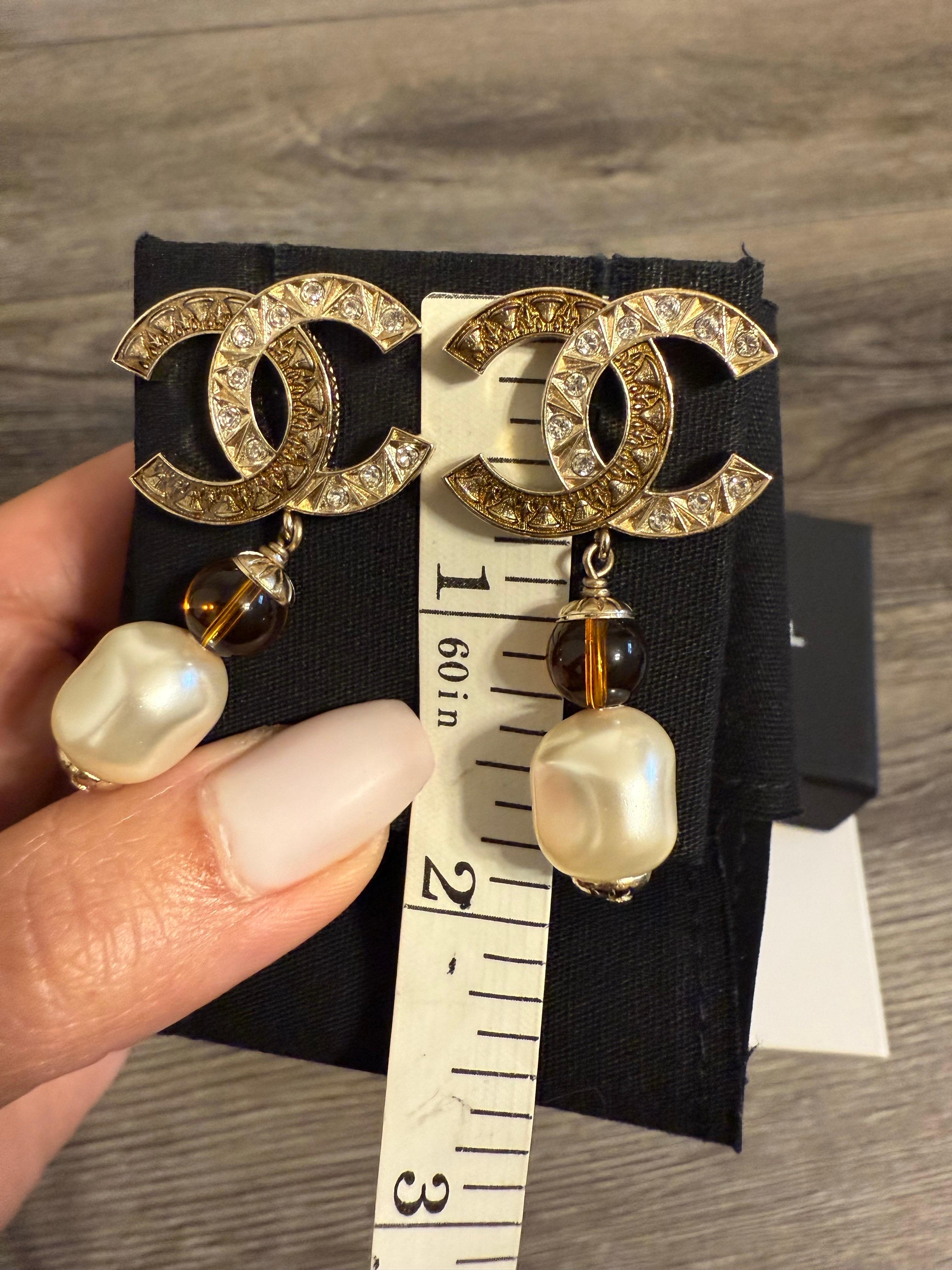 CHANEL Gold Crystal CC Orange Bead and Pearl Dangle Earrings For Sale 1
