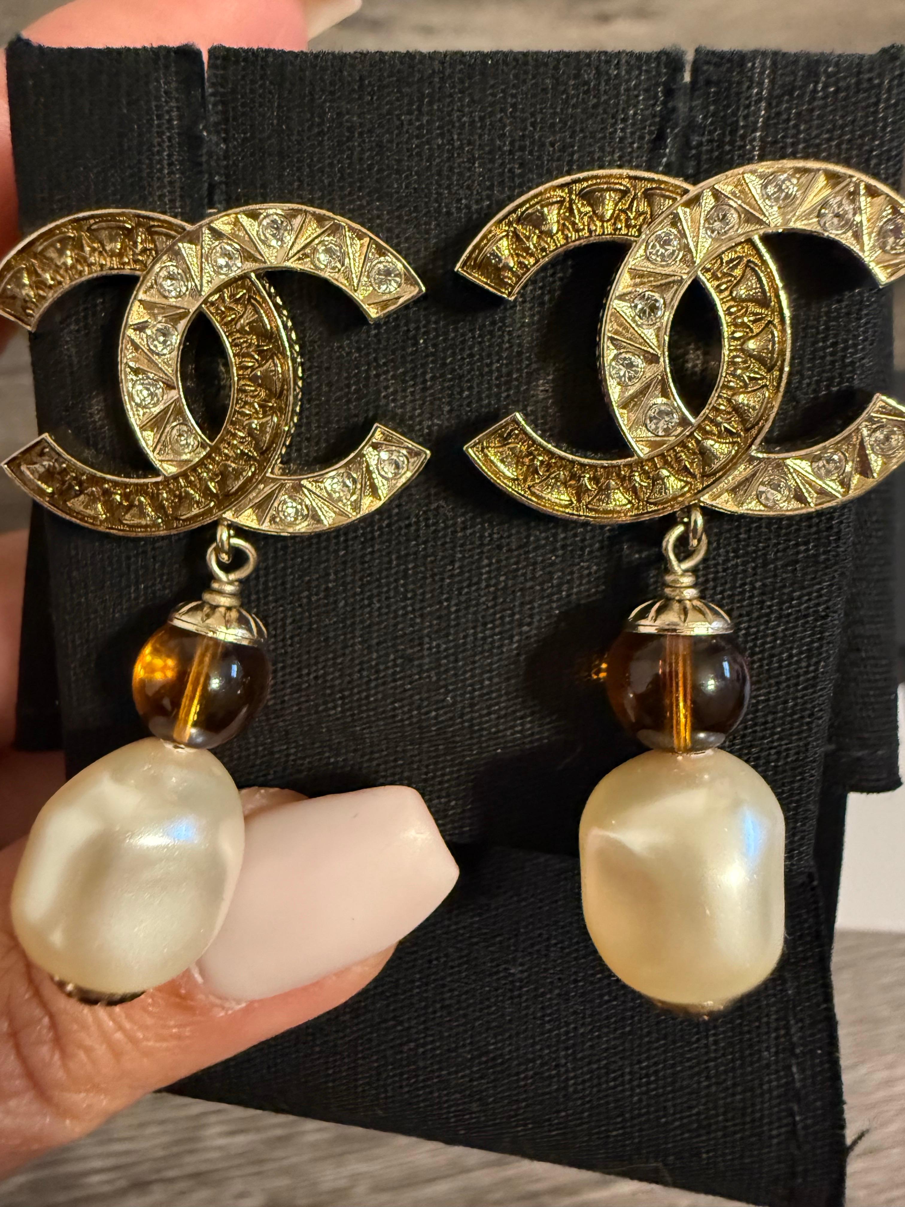 CHANEL Gold Crystal CC Orange Bead and Pearl Dangle Earrings For Sale 2