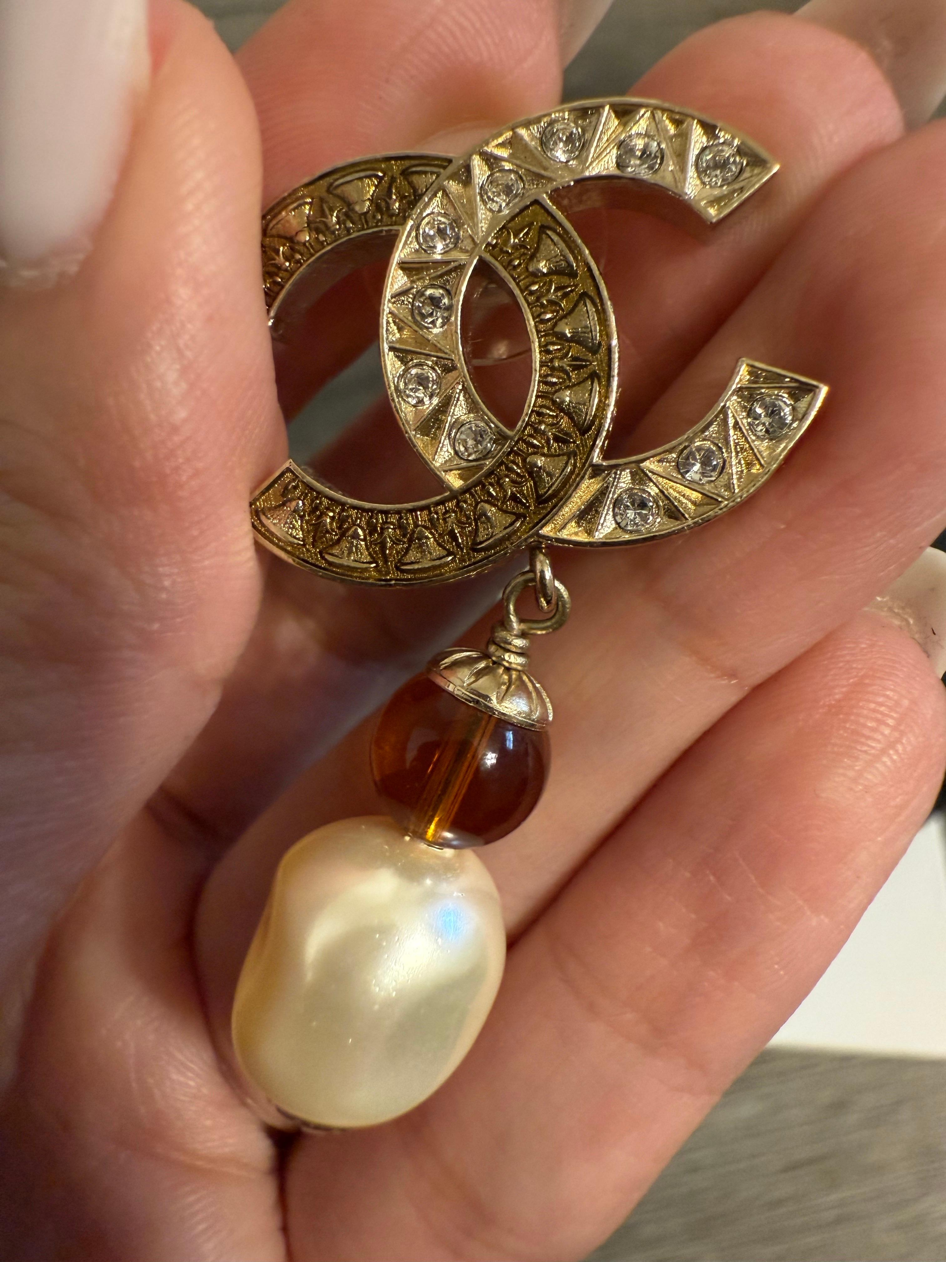 CHANEL Gold Crystal CC Orange Bead and Pearl Dangle Earrings For Sale 4