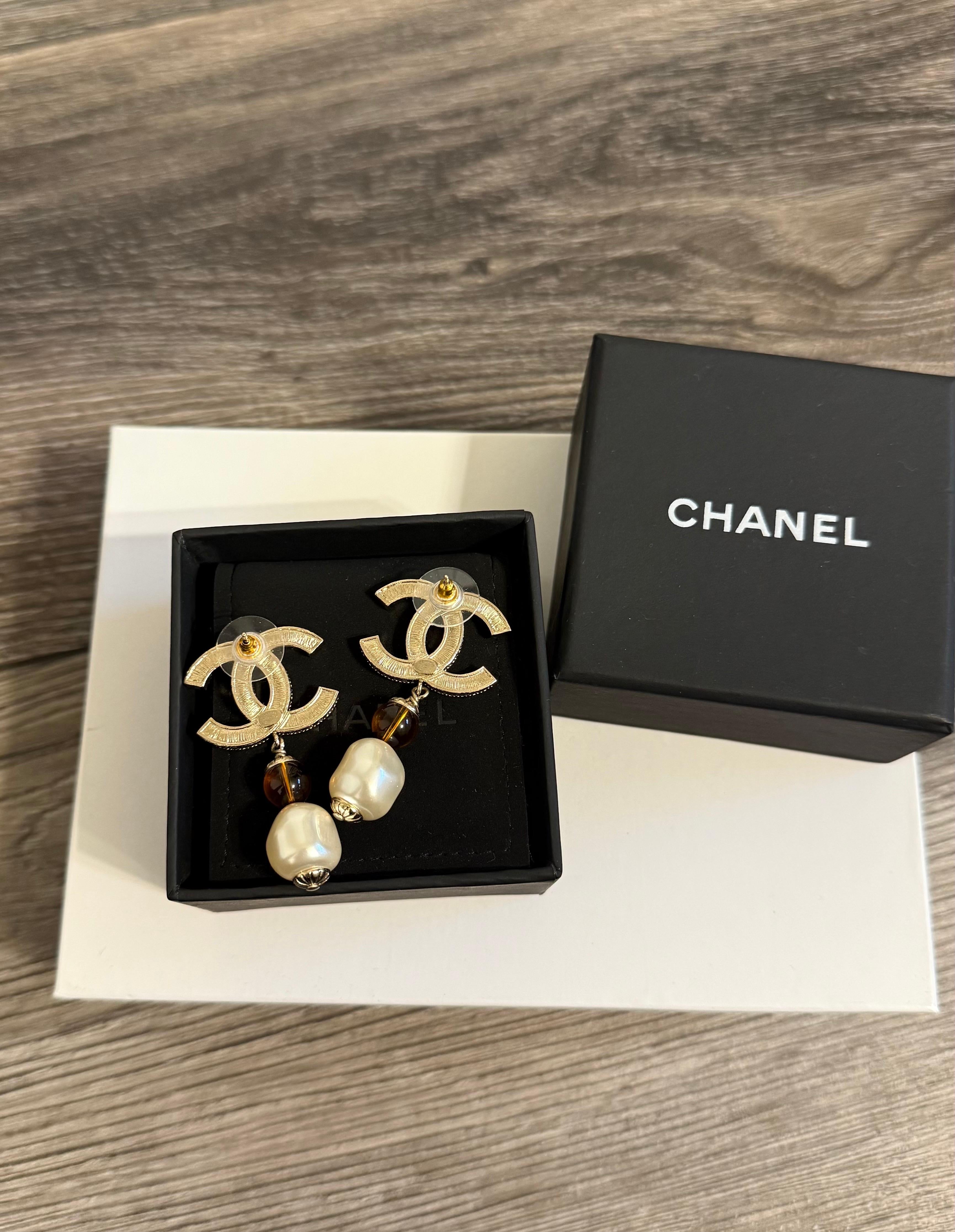 CHANEL Gold Crystal CC Orange Bead and Pearl Dangle Earrings For Sale 5