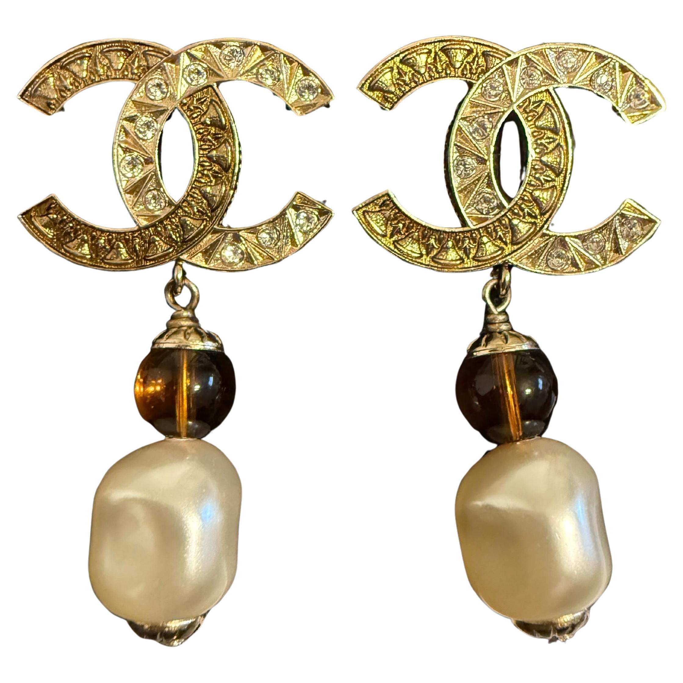 CHANEL Gold Crystal CC Orange Bead and Pearl Dangle Earrings For Sale