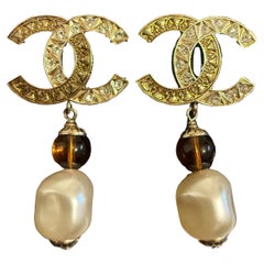 CHANEL Gold Crystal CC Orange Bead and Pearl Dangle Earrings