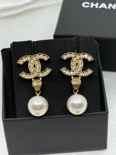 Chanel Gold Crystal CC Pearl Dangle Earrings