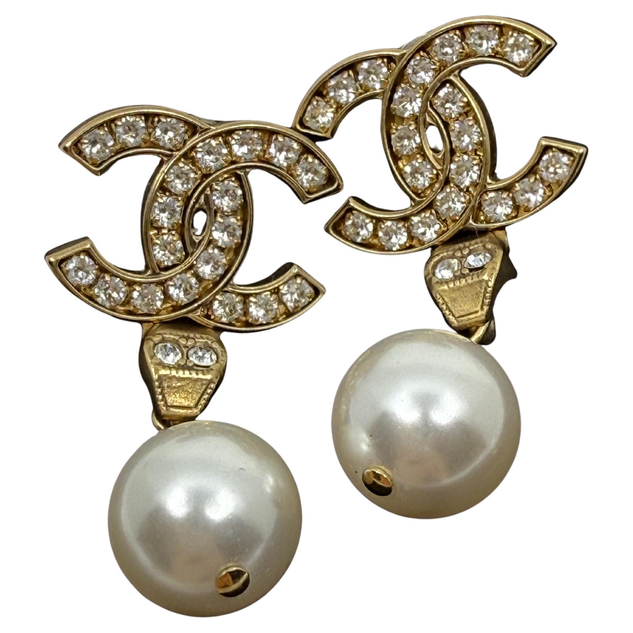 Chanel Gold Crystal CC Pearl Dangle Earrings