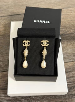 CHANEL Gold Crystal CC Pearl Drop Earrings