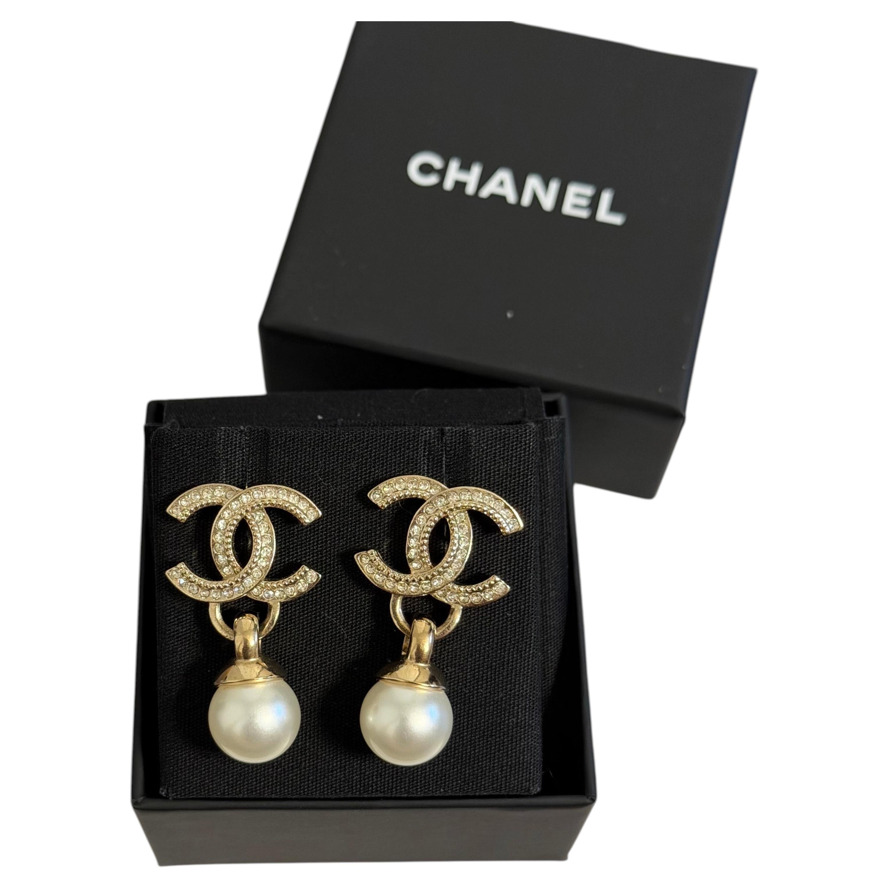 CHANEL Gold Crystal CC Pearl Drop Earrings For Sale