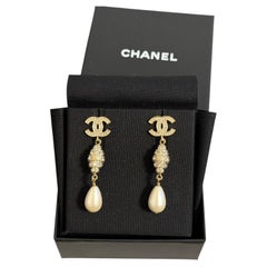 CHANEL Gold Crystal CC Pearl Drop Earrings