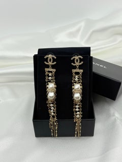 Chanel Gold Crystal CC Pearl Luna Cat Dangle Earrings