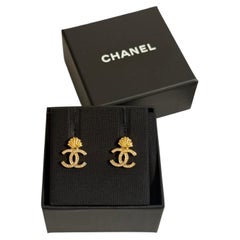 CHANEL Gold Crystal CC Shell Stud Earrings