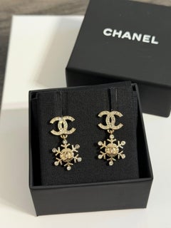 Chanel Gold Crystal CC Snowflake Drop Earrings