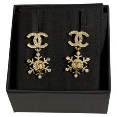 Chanel Gold Crystal CC Snowflake Drop Earrings