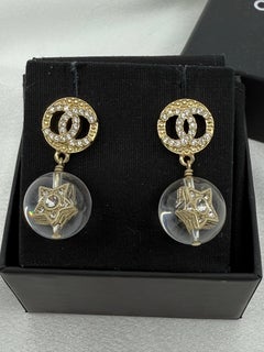 Chanel Gold Crystal CC Star Dangle Earrings