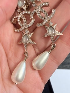 Chanel Gold Crystal CC Star Pearl Teardrop Drop Earrings