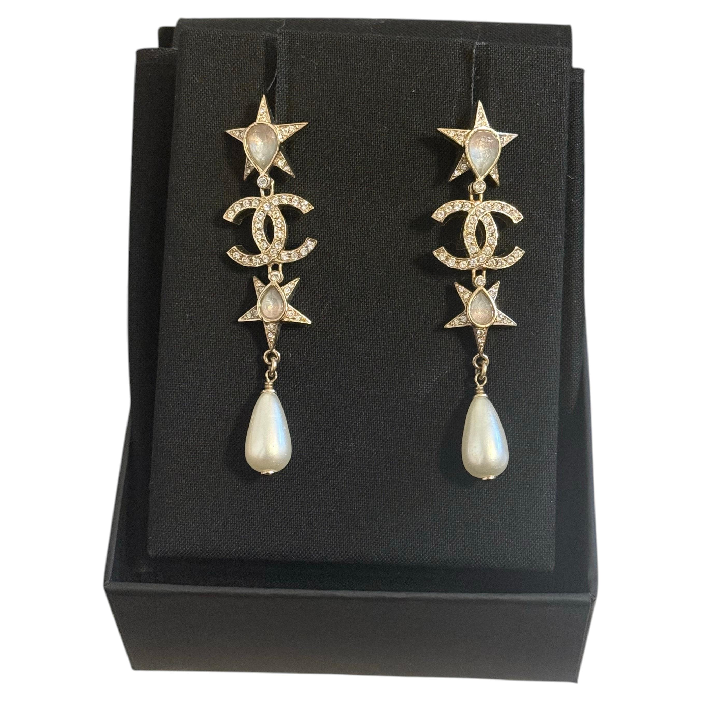 Chanel Gold Crystal CC Star Pearl Teardrop Drop Earrings
