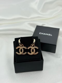 Chanel Gold Crystal CC Statement Hoop Dangle Earrings