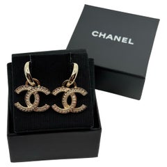 Chanel Gold Crystal CC Statement Hoop Dangle Earrings