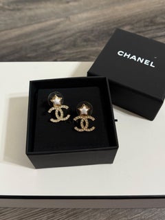 CHANEL Gold Crystal CC White Star Statement Earrings