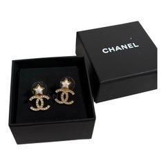Antique CHANEL Gold Crystal CC White Star Statement Earrings