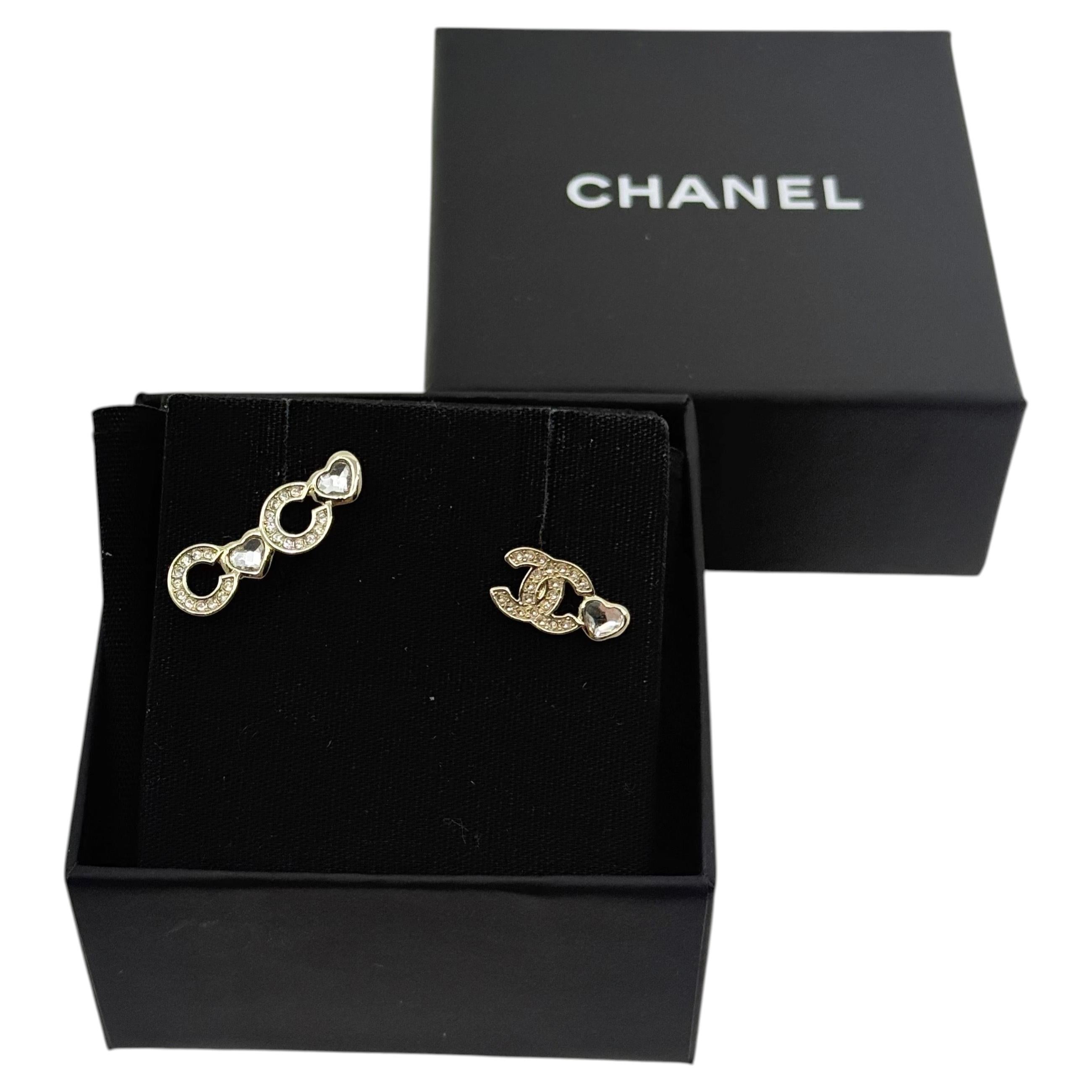 Chanel Gold Crystal Coco & CC Heart Stud Earrings For Sale