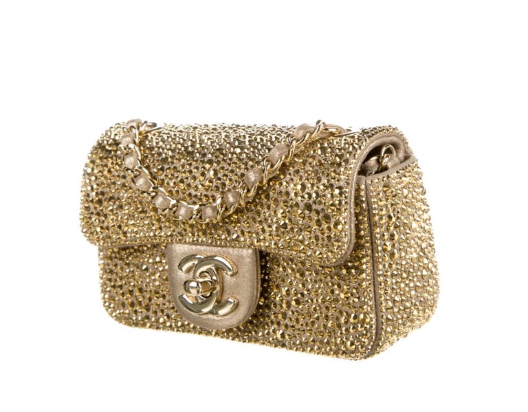 Chanel Gold Crystal Leather Small Mini Evening Shoulder Flap Bag at 1stDibs