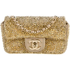 Chanel Gold Crystal Leather Small Mini Evening Shoulder Flap Bag