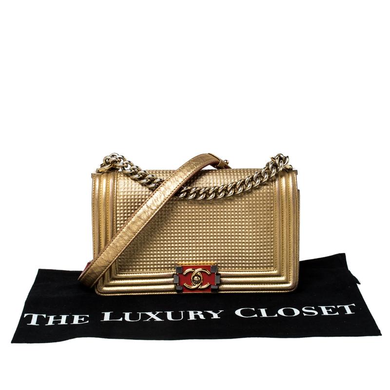 Chanel Gold Cube Embossed Leather Medium Boy Flap Bag 9